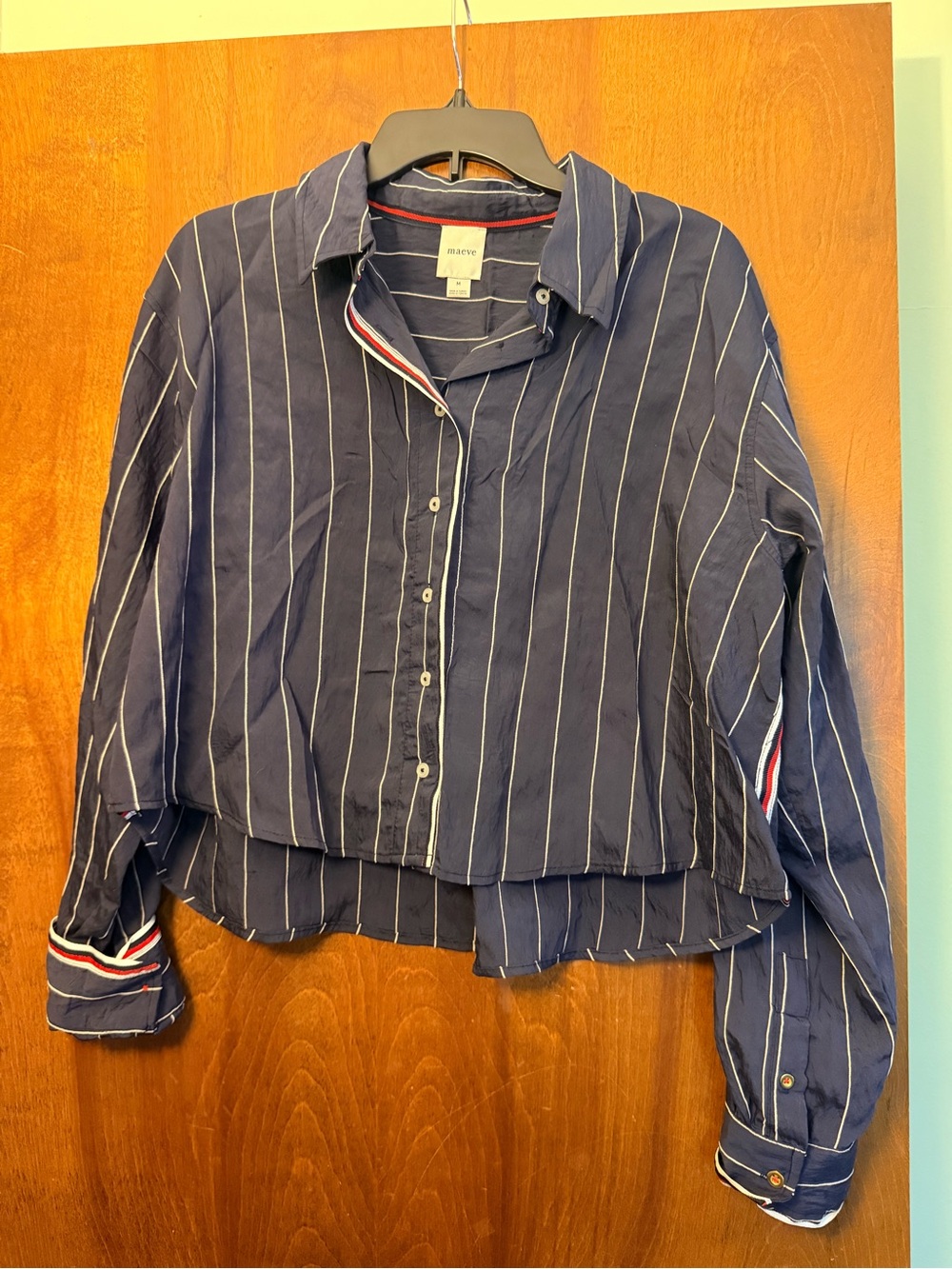 Maeve Navy Pinstripe Button-Up Blouse with Red & White Trim Cropped